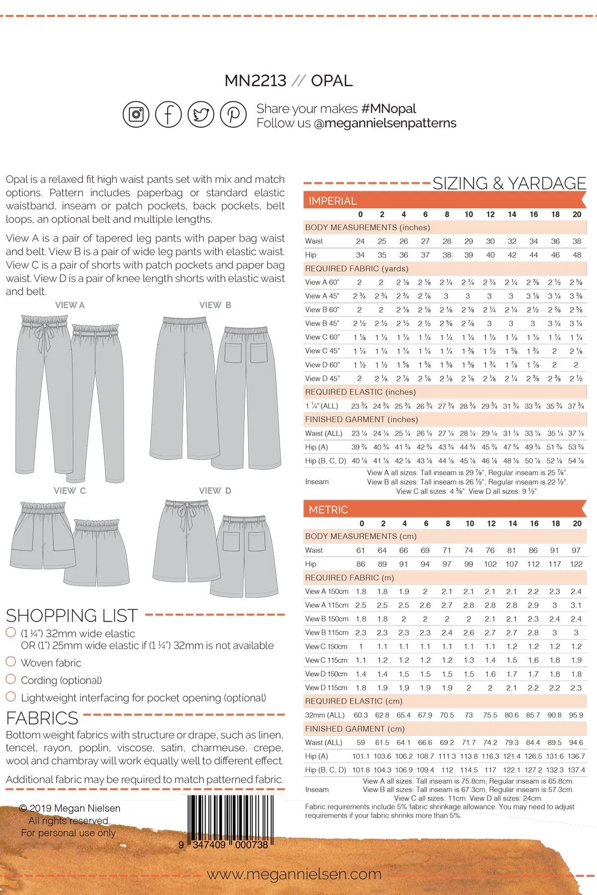 Opal pants & shorts  SEWING PATTERN by Megan Nielsen