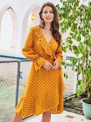 Original Design Women's Yellow Wave Long-sleeved Lace Women's Dress V-neck Sexy Autumn Dress Women