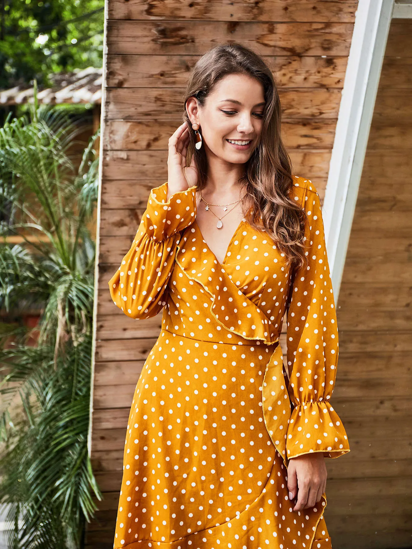 Original Design Women's Yellow Wave Long-sleeved Lace Women's Dress V-neck Sexy Autumn Dress Women