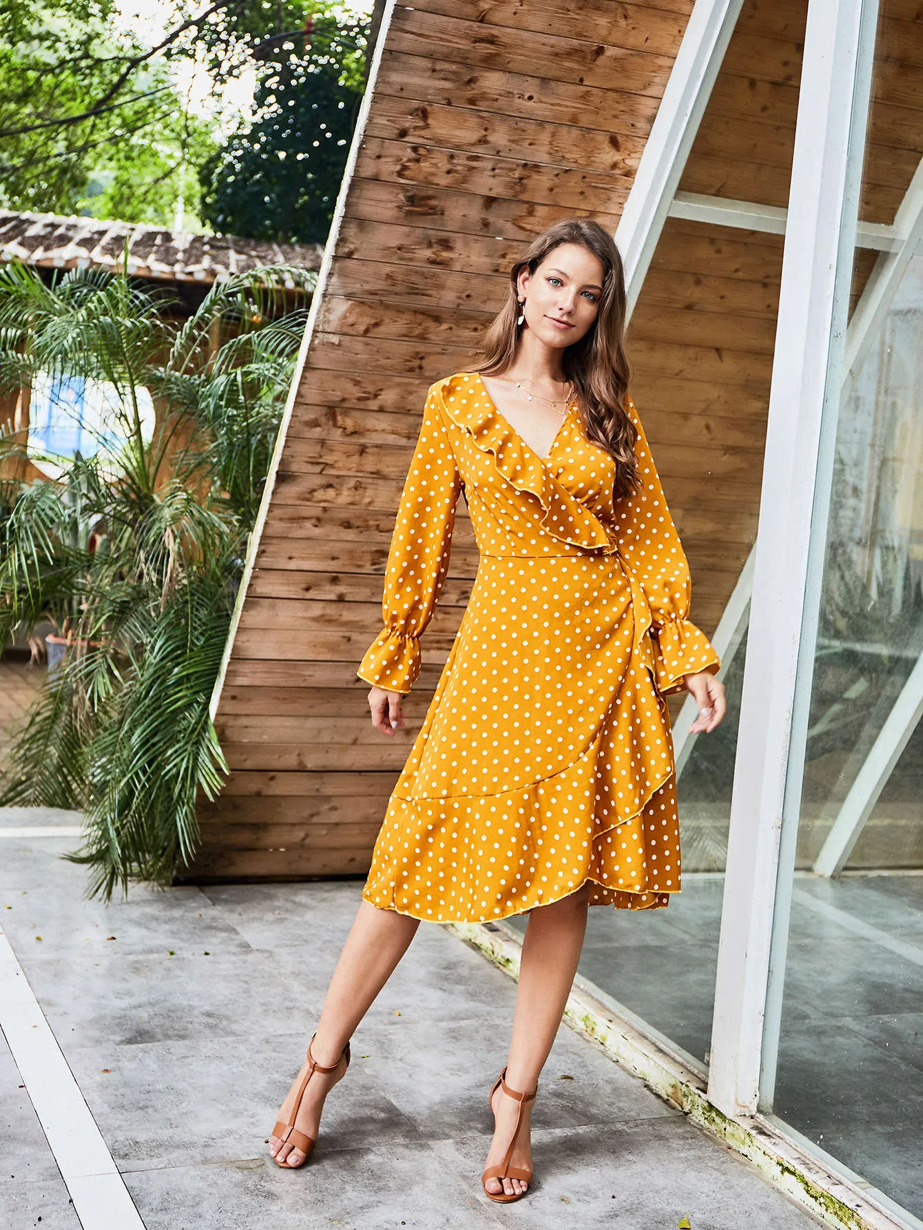 Original Design Women's Yellow Wave Long-sleeved Lace Women's Dress V-neck Sexy Autumn Dress Women