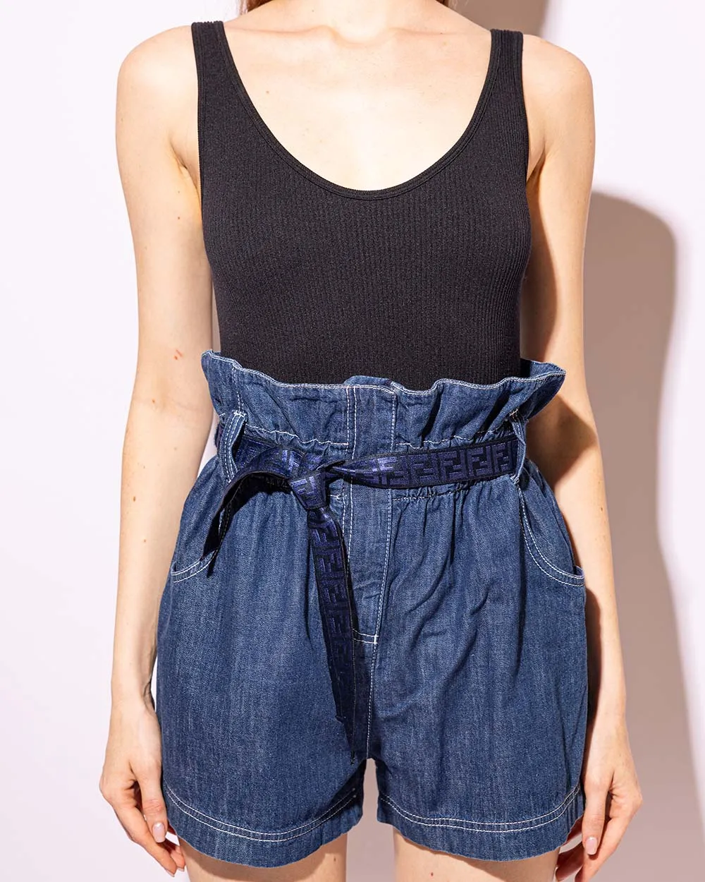 Paperbag-waist Denim Shorts
