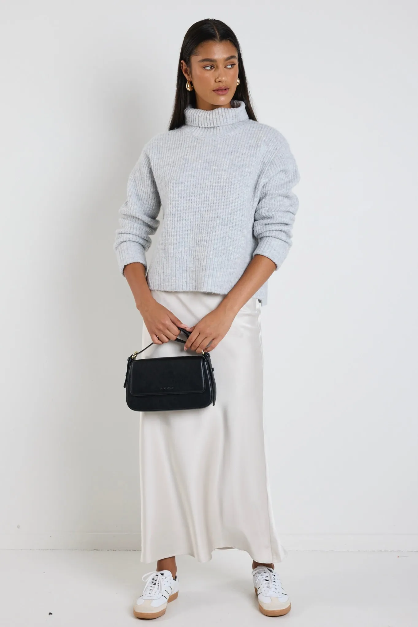Penelope Light Grey Marle Roll Neck Knit Jumper