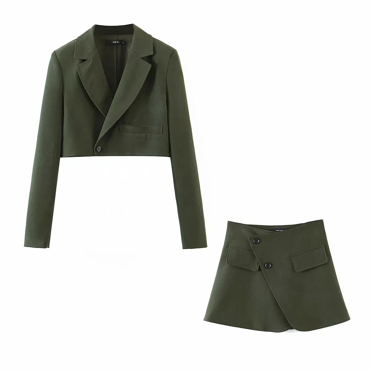 Pile Collar Lapel Blazer Skirt Two-piece Set Green