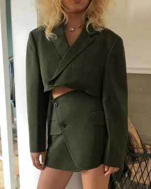 Pile Collar Lapel Blazer Skirt Two-piece Set Green