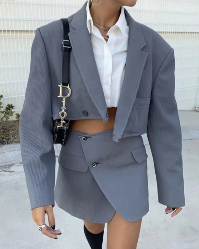 Pile Collar Lapel Blazer Skirt Two-piece Set Green