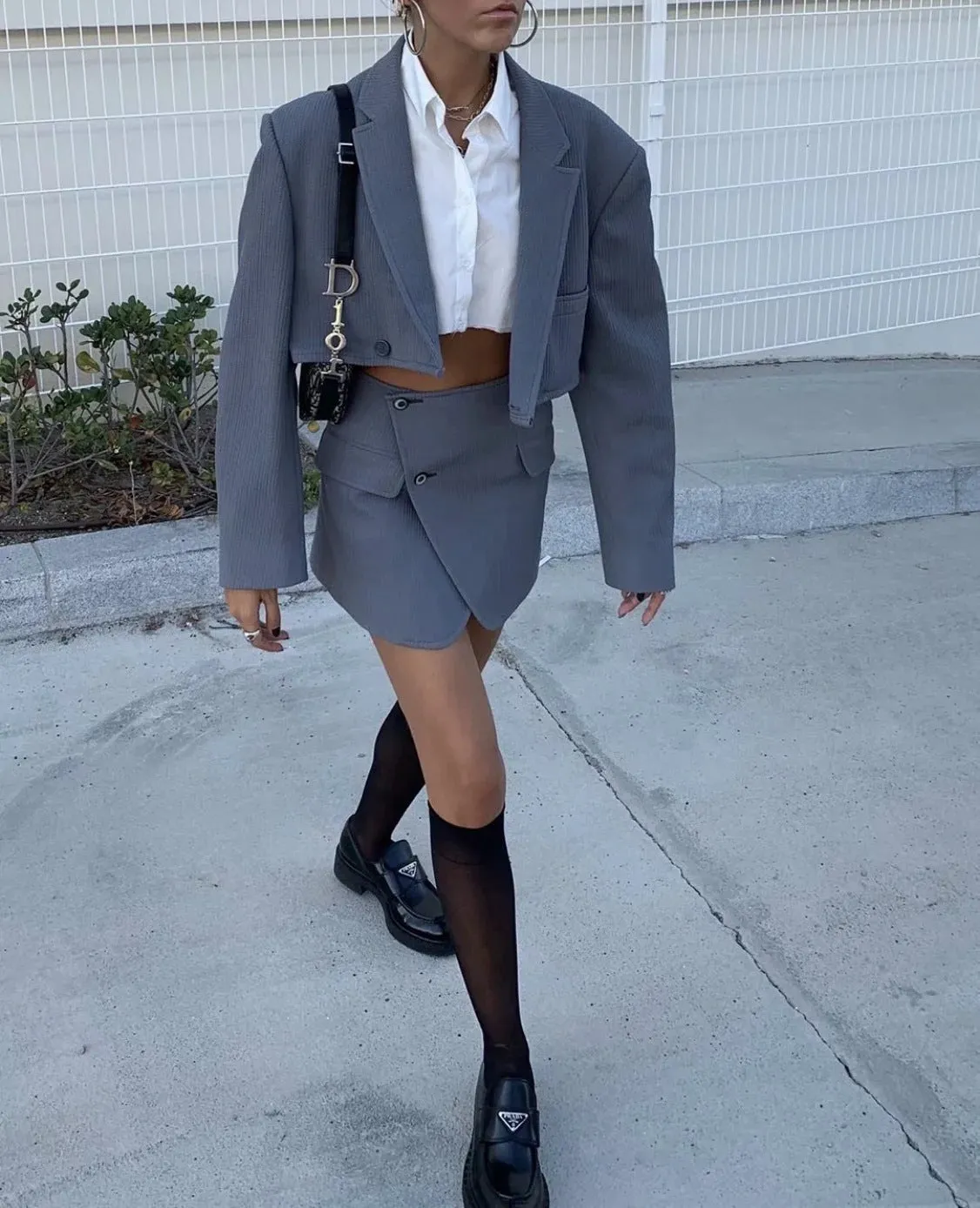 Pile Collar Lapel Blazer Skirt Two-piece Set Green