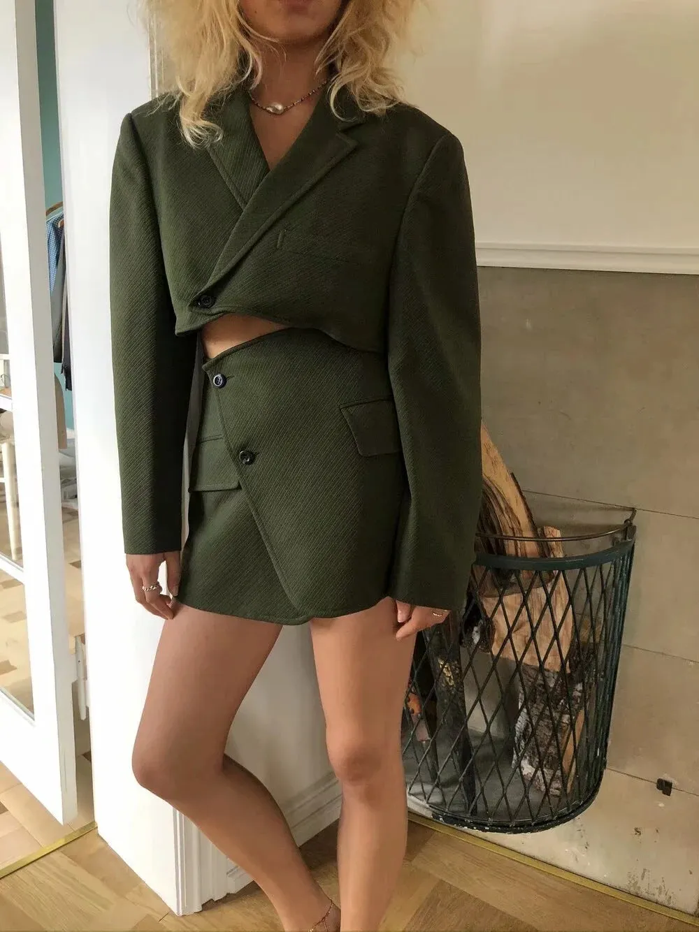 Pile Collar Lapel Blazer Skirt Two-piece Set Green