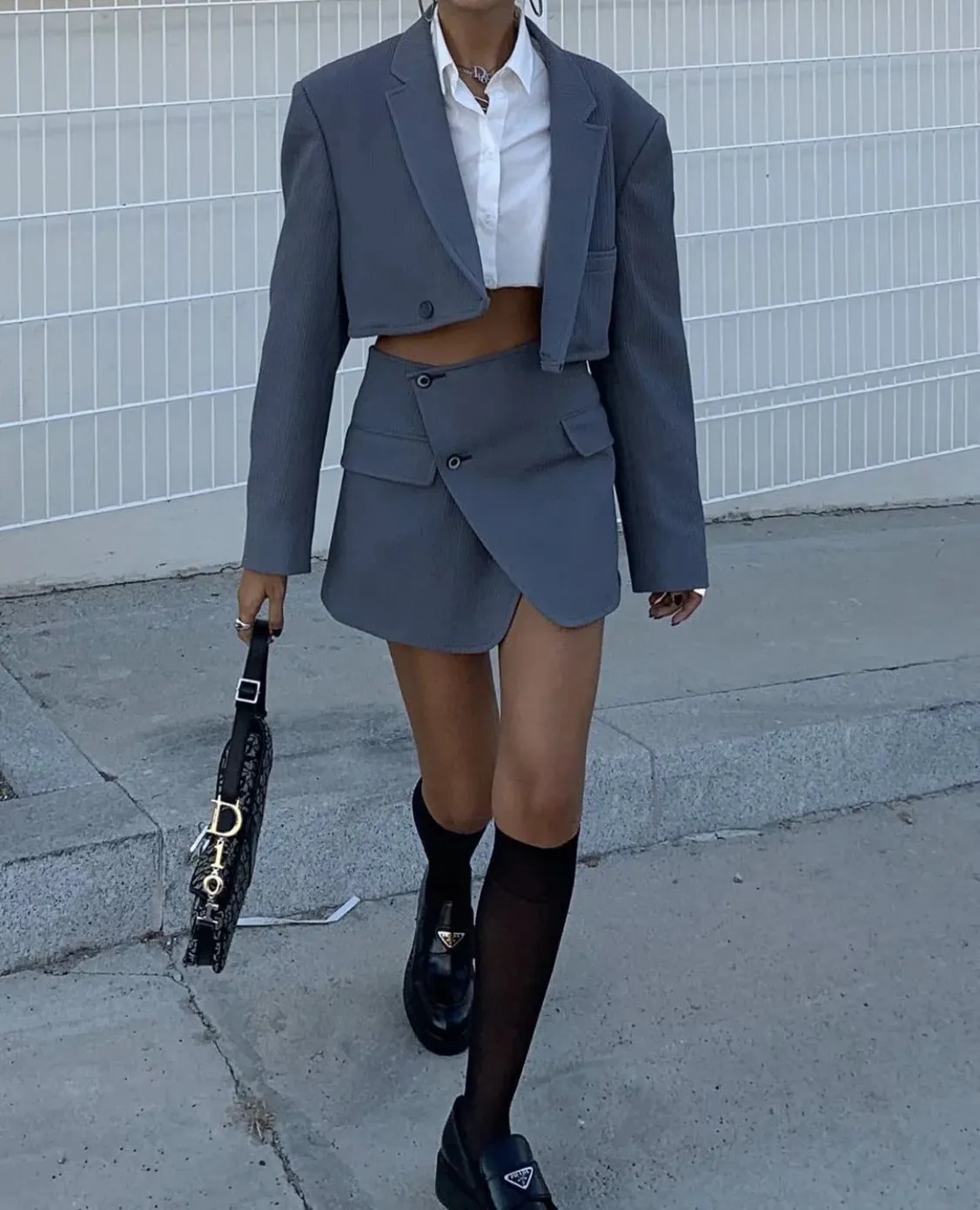 Pile Collar Lapel Blazer Skirt Two-piece Set Green