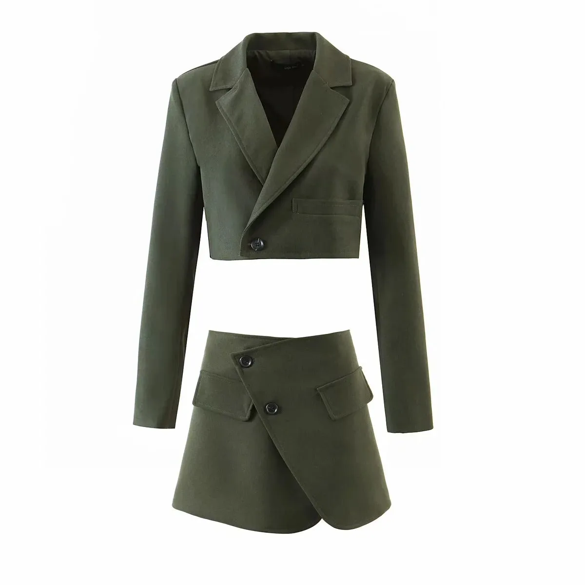 Pile Collar Lapel Blazer Skirt Two-piece Set Green