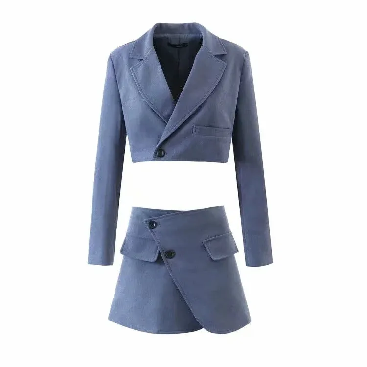 Pile Collar Lapel Blazer Skirt Two-piece Set Green