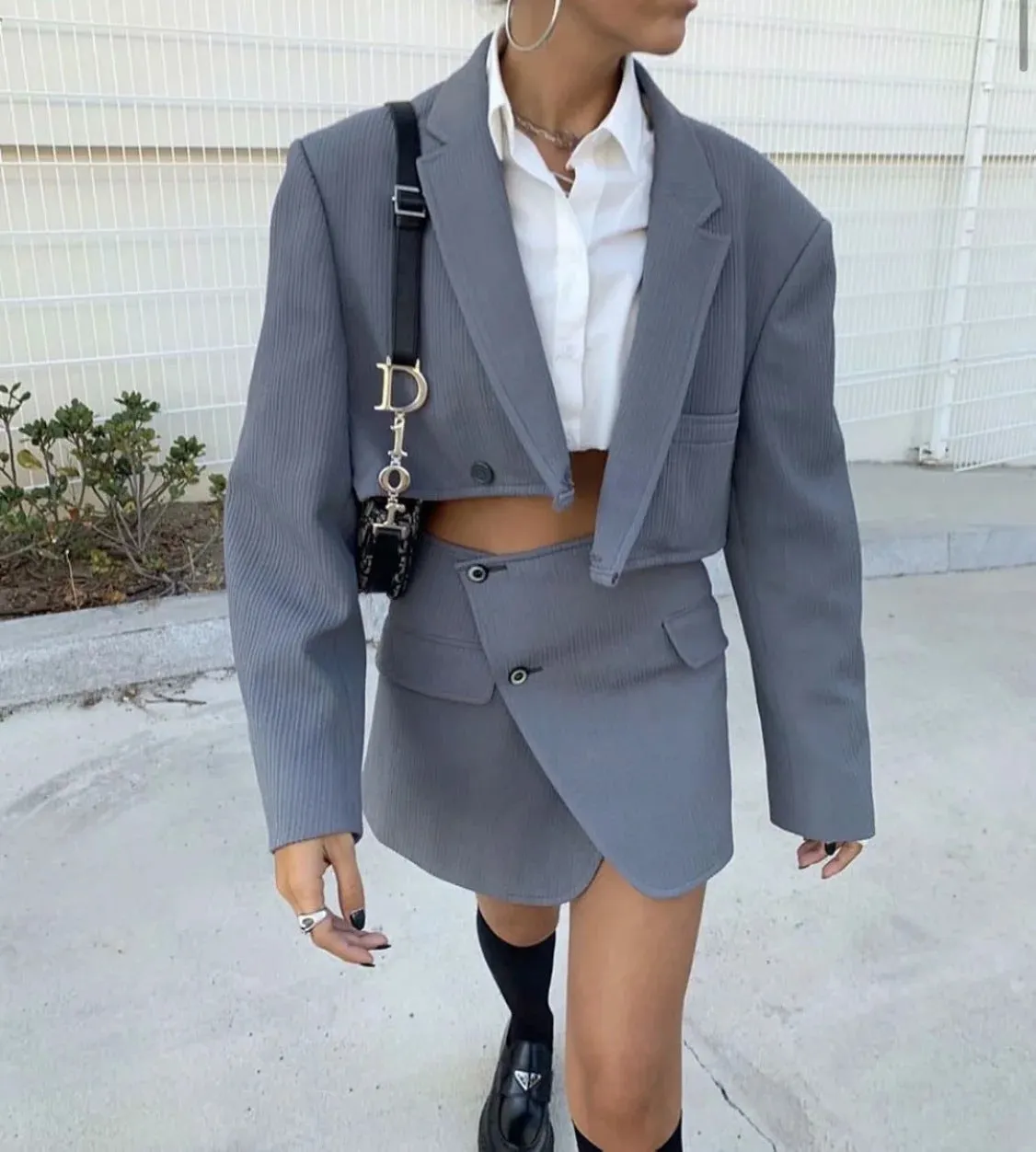 Pile Collar Lapel Blazer Skirt Two-piece Set Green