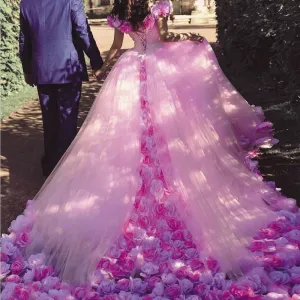 pink ball gown wedding dresses for bride handmade flowers off the shoulder elegant cheap bridal gown robe de mariee