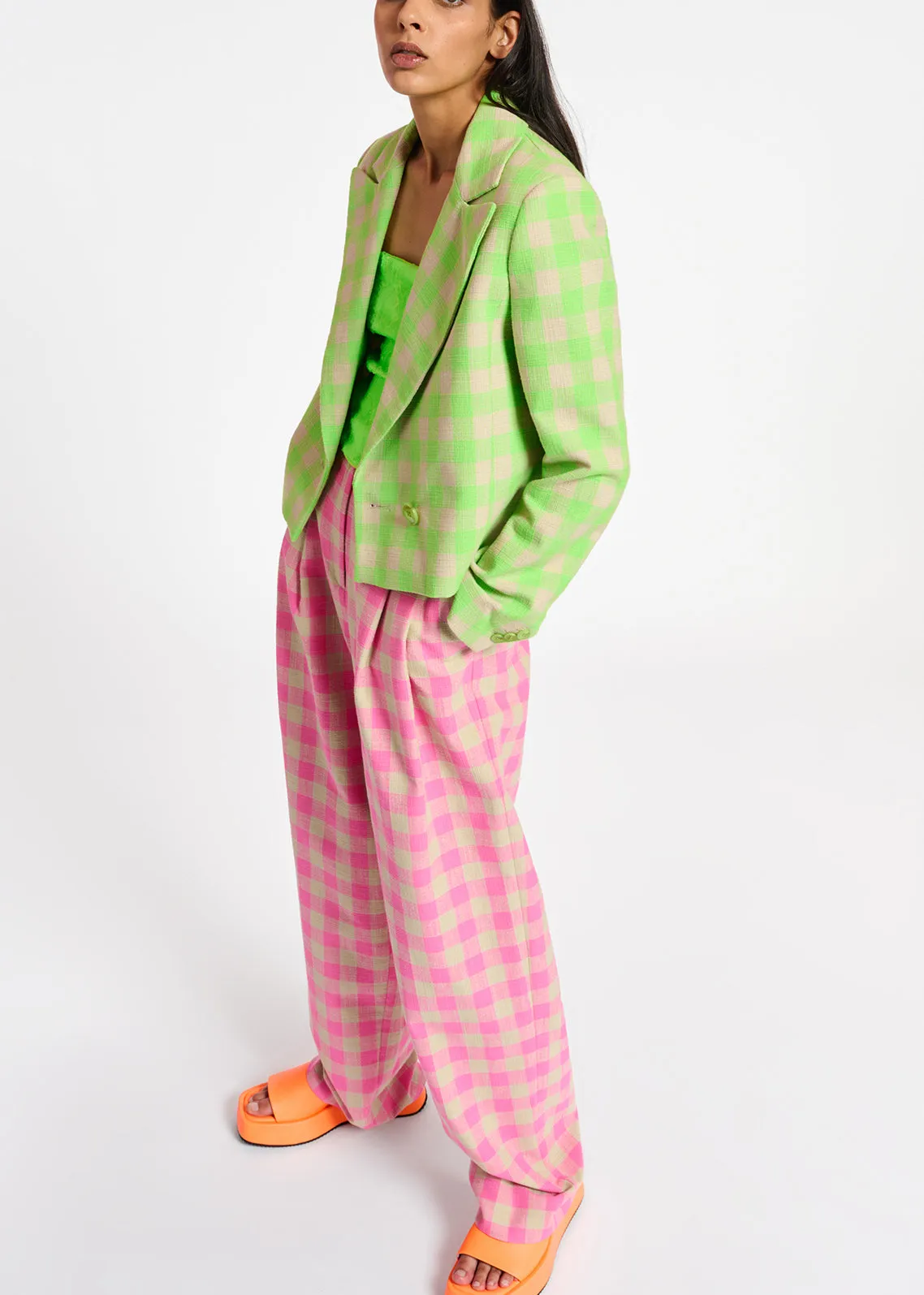 Pink checkered relaxed-fit pants