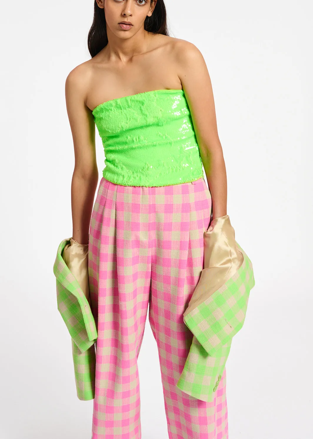Pink checkered relaxed-fit pants