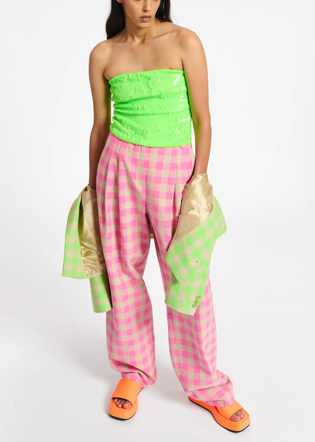 Pink checkered relaxed-fit pants
