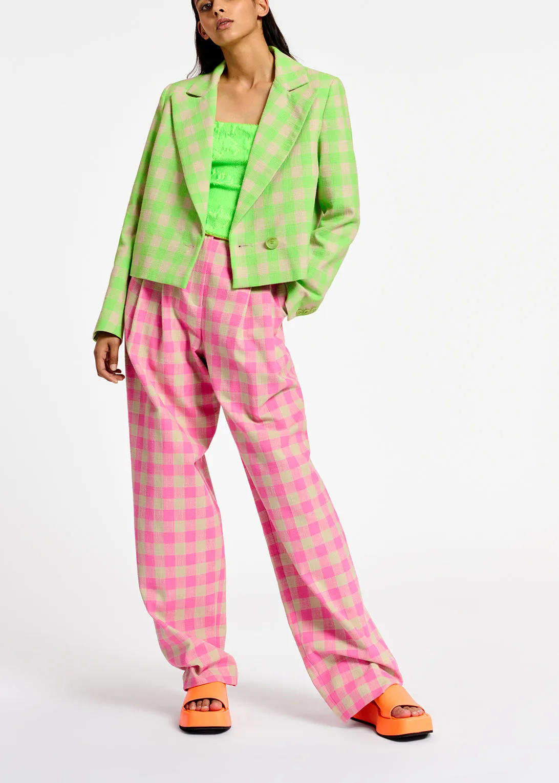 Pink checkered relaxed-fit pants