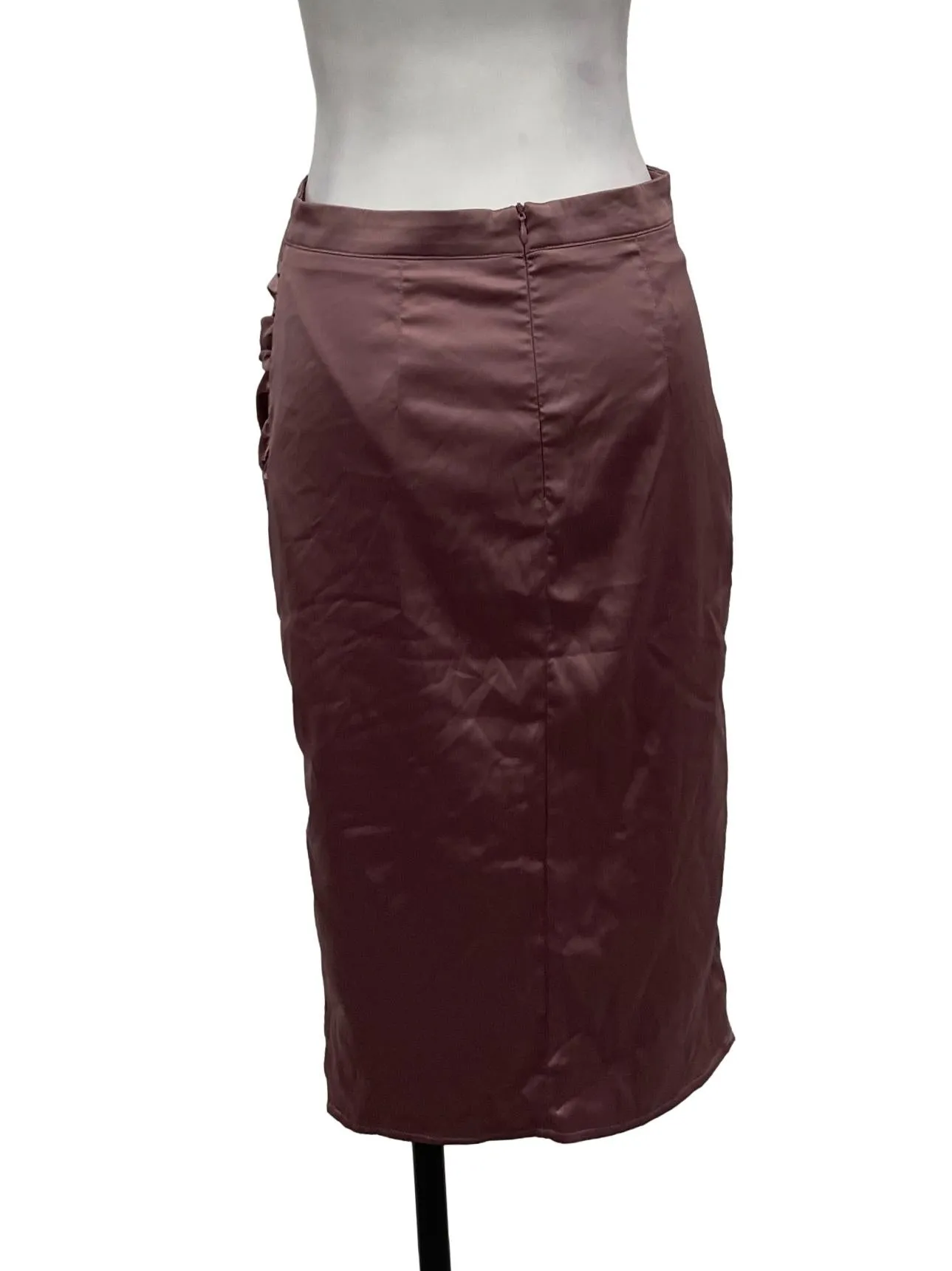 Pink Satin Ruched Midi Skirt