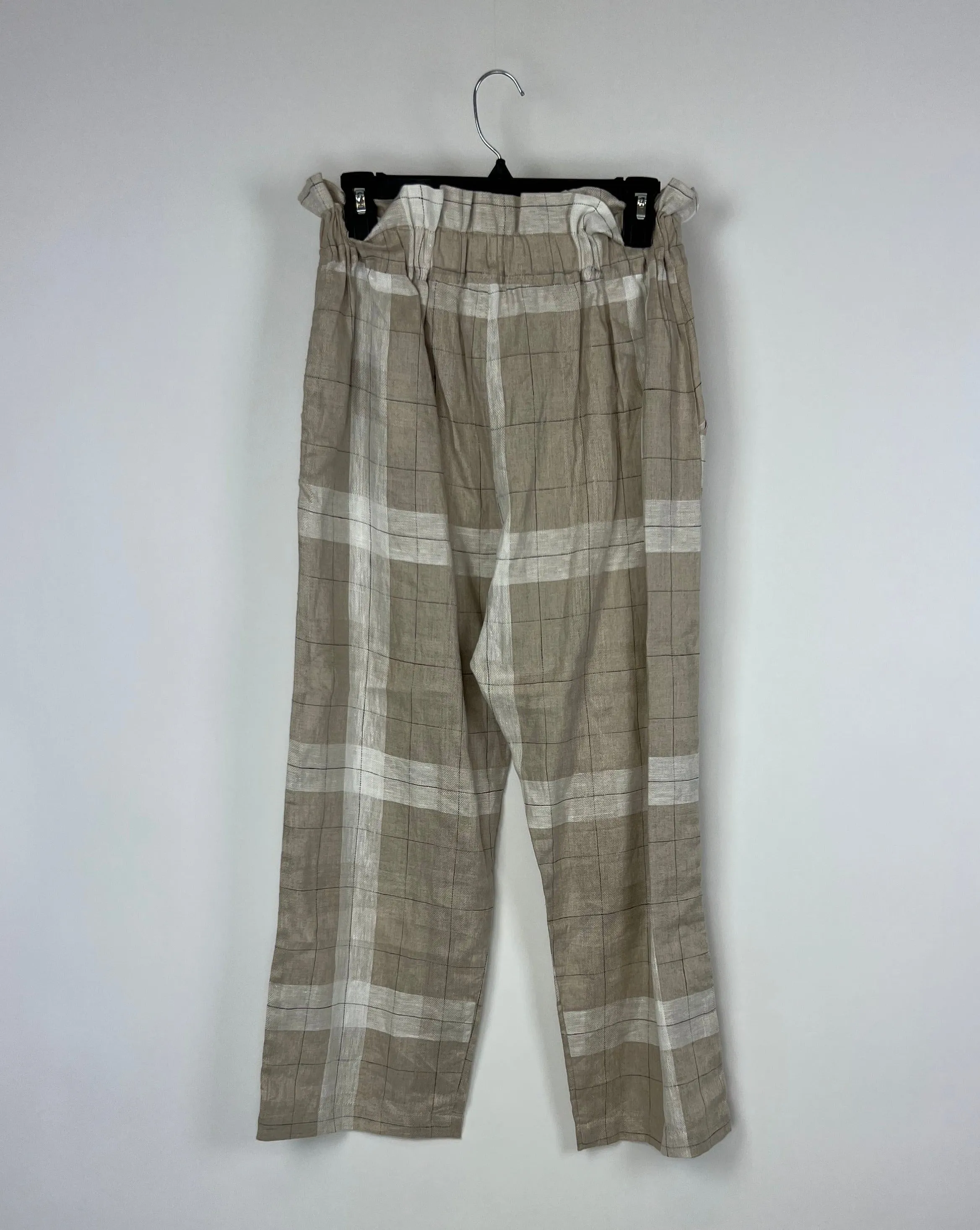 Plaid Linen Pants with Ruffle Waist - Medium