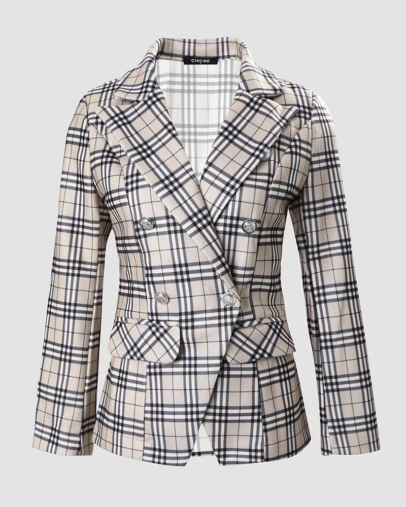 Plaid Print Long Sleeve Double Breasted Blazer