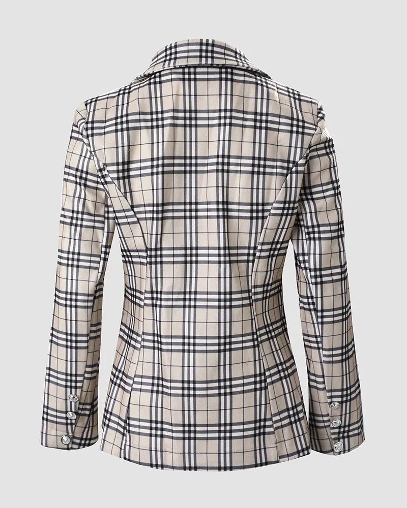 Plaid Print Long Sleeve Double Breasted Blazer