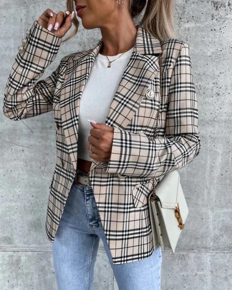 Plaid Print Long Sleeve Double Breasted Blazer