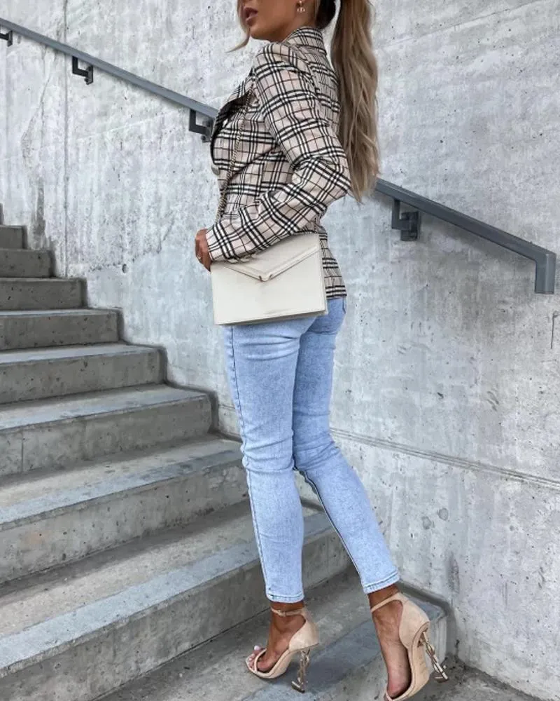 Plaid Print Long Sleeve Double Breasted Blazer