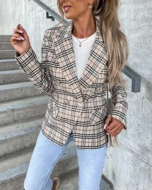 Plaid Print Long Sleeve Double Breasted Blazer
