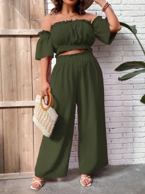 Plus Size Summer Casual Holiday Top With Frill Trim And Off Shoulder Design, Matched With Wide Leg Pants