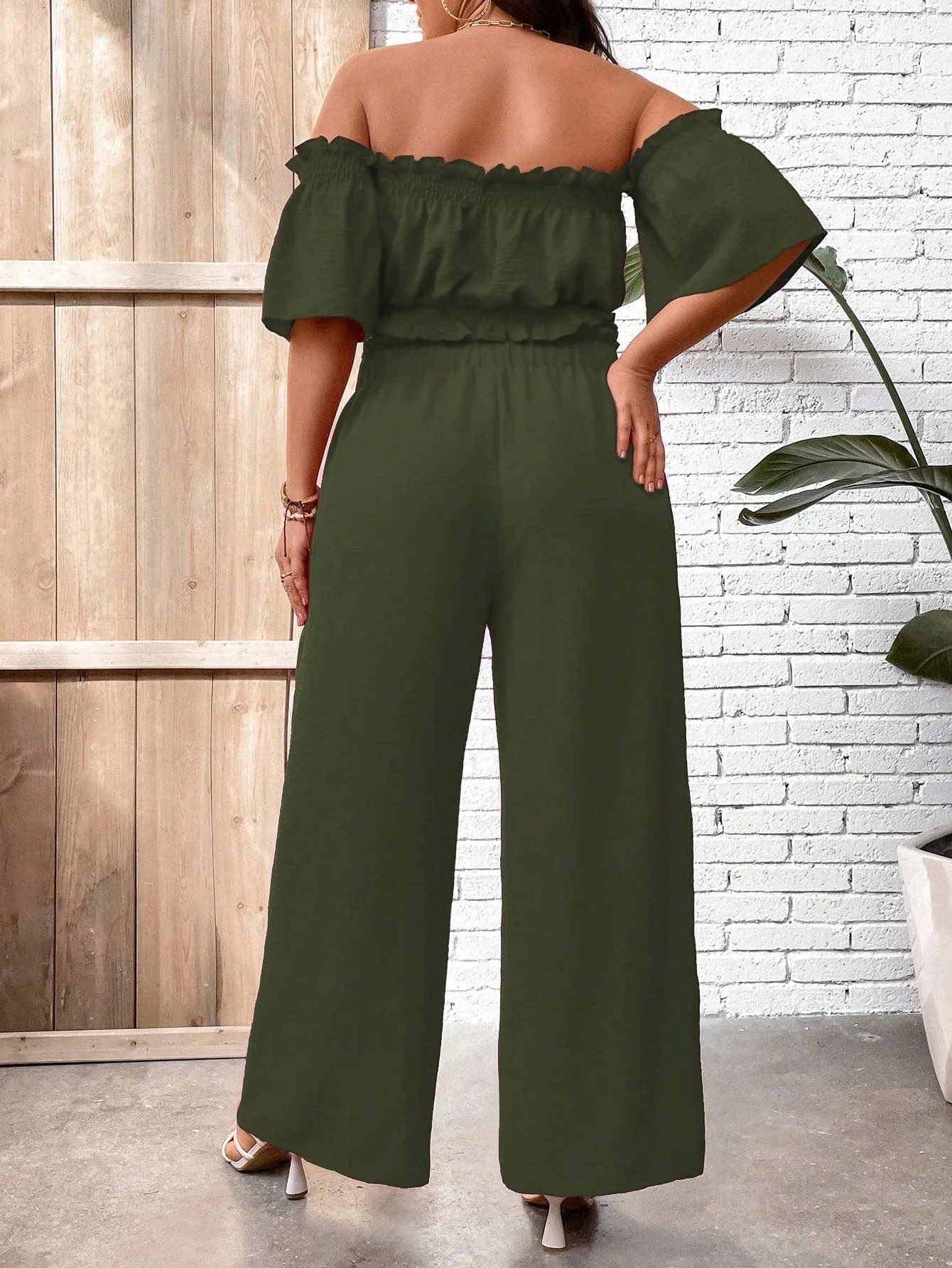 Plus Size Summer Casual Holiday Top With Frill Trim And Off Shoulder Design, Matched With Wide Leg Pants