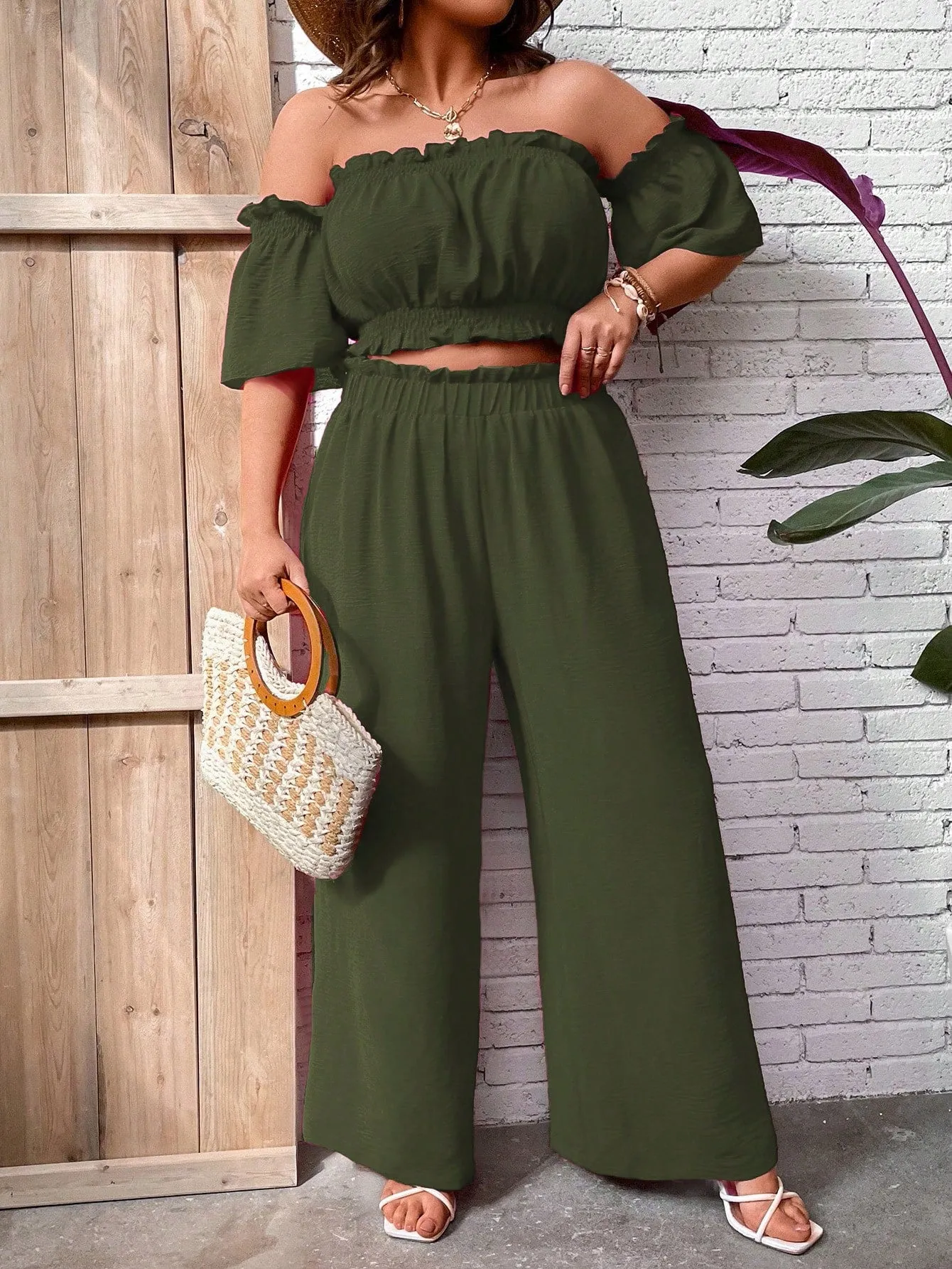 Plus Size Summer Casual Holiday Top With Frill Trim And Off Shoulder Design, Matched With Wide Leg Pants