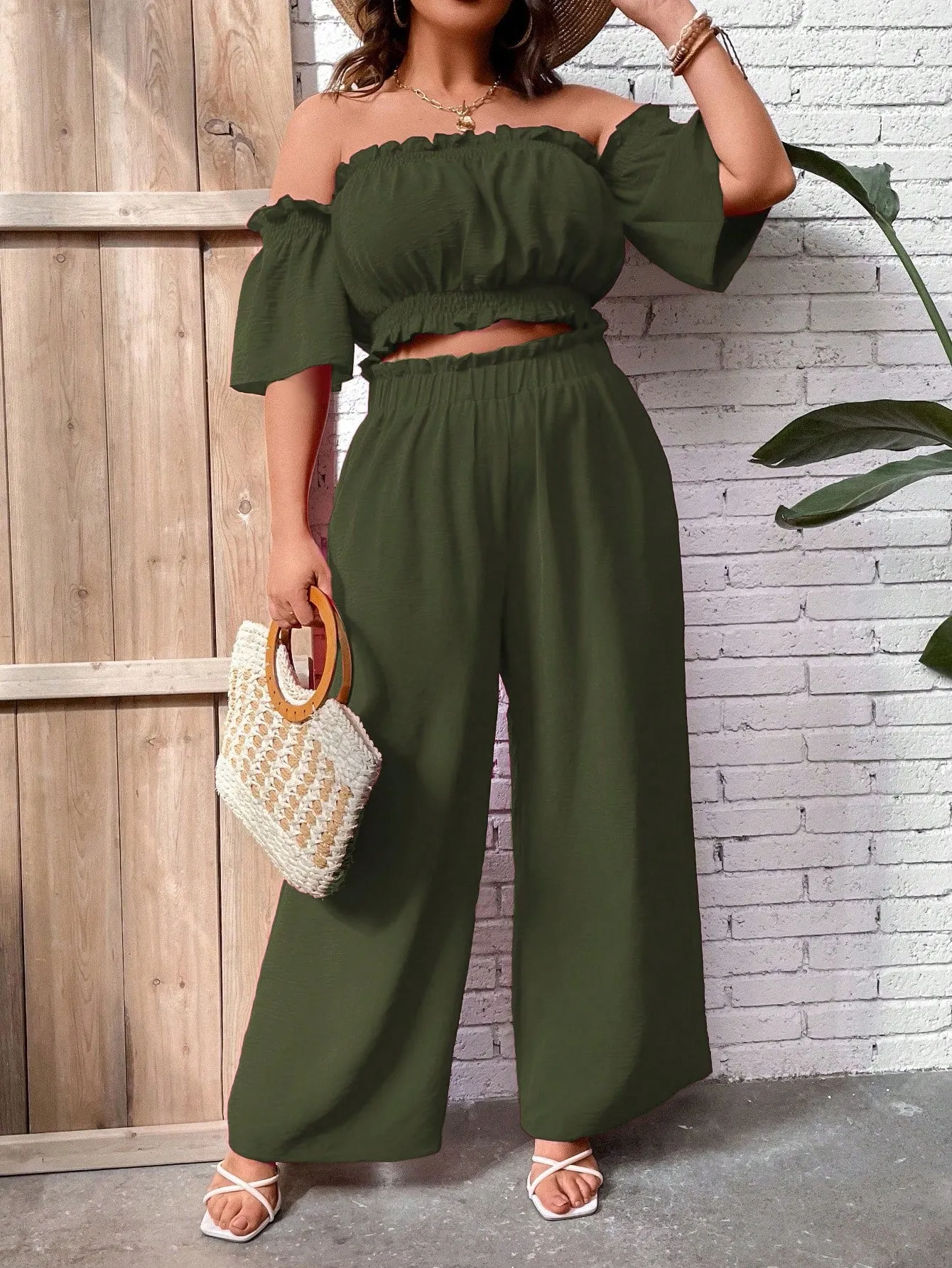 Plus Size Summer Casual Holiday Top With Frill Trim And Off Shoulder Design, Matched With Wide Leg Pants