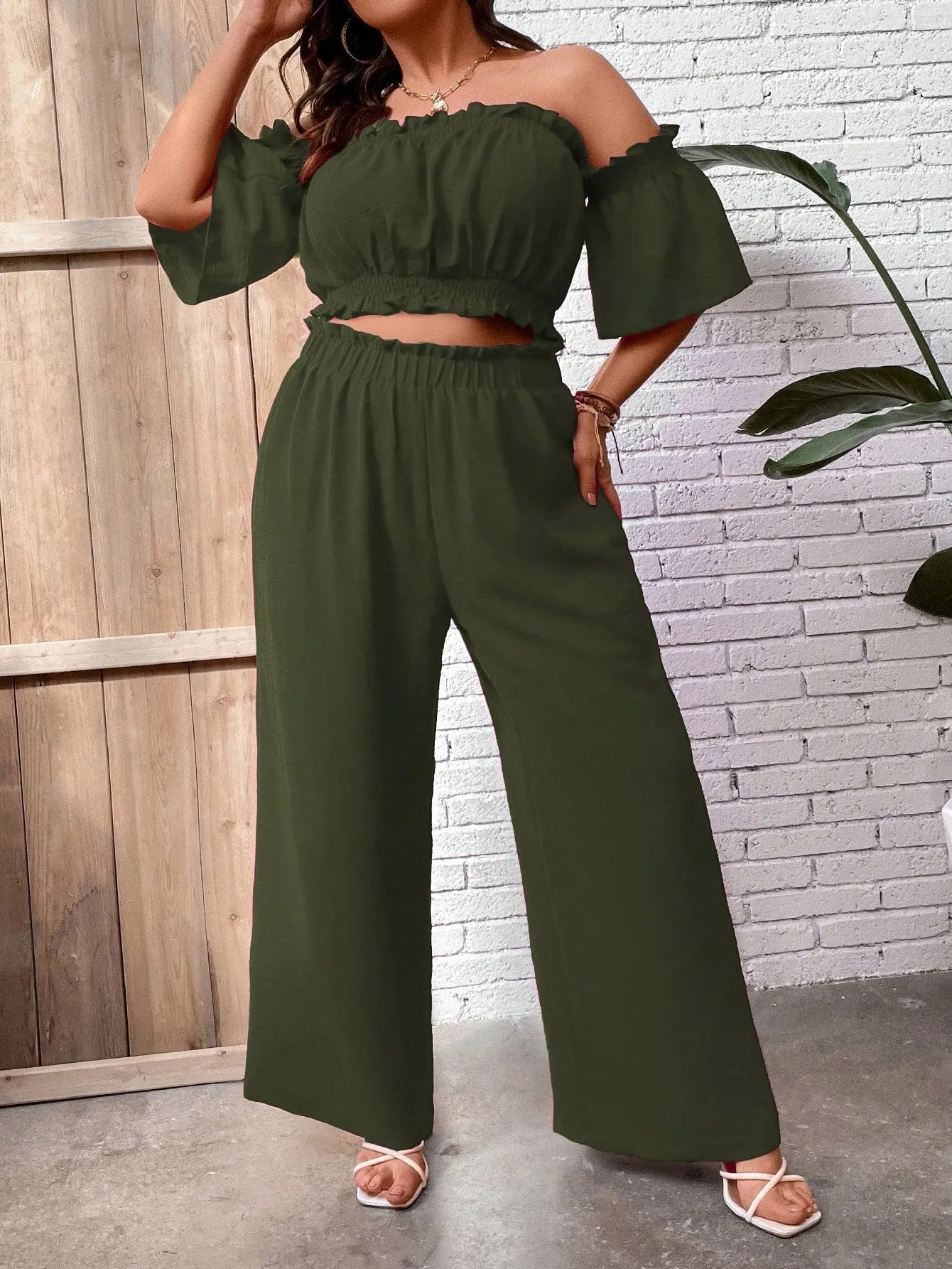 Plus Size Summer Casual Holiday Top With Frill Trim And Off Shoulder Design, Matched With Wide Leg Pants