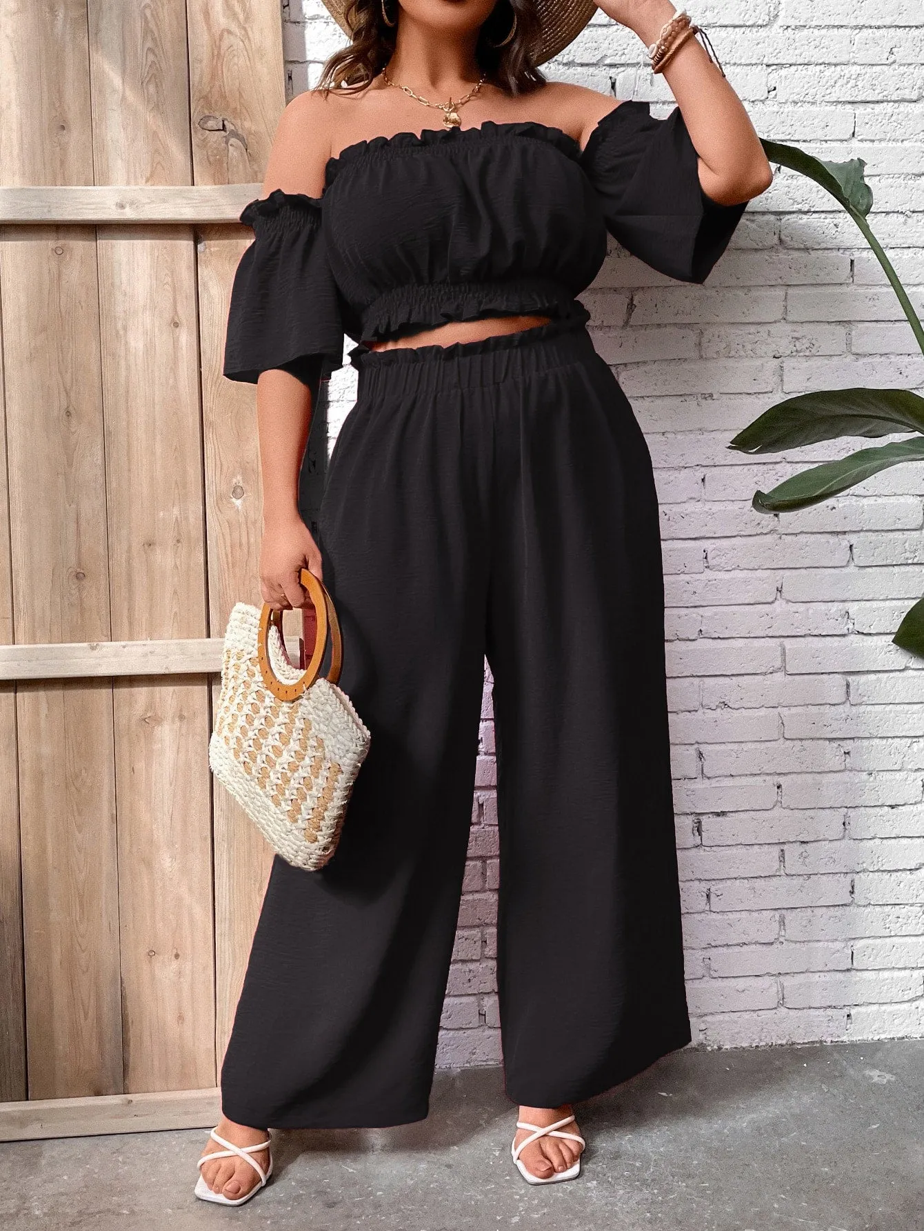 Plus Size Summer Casual Holiday Top With Frill Trim And Off Shoulder Design, Matched With Wide Leg Pants