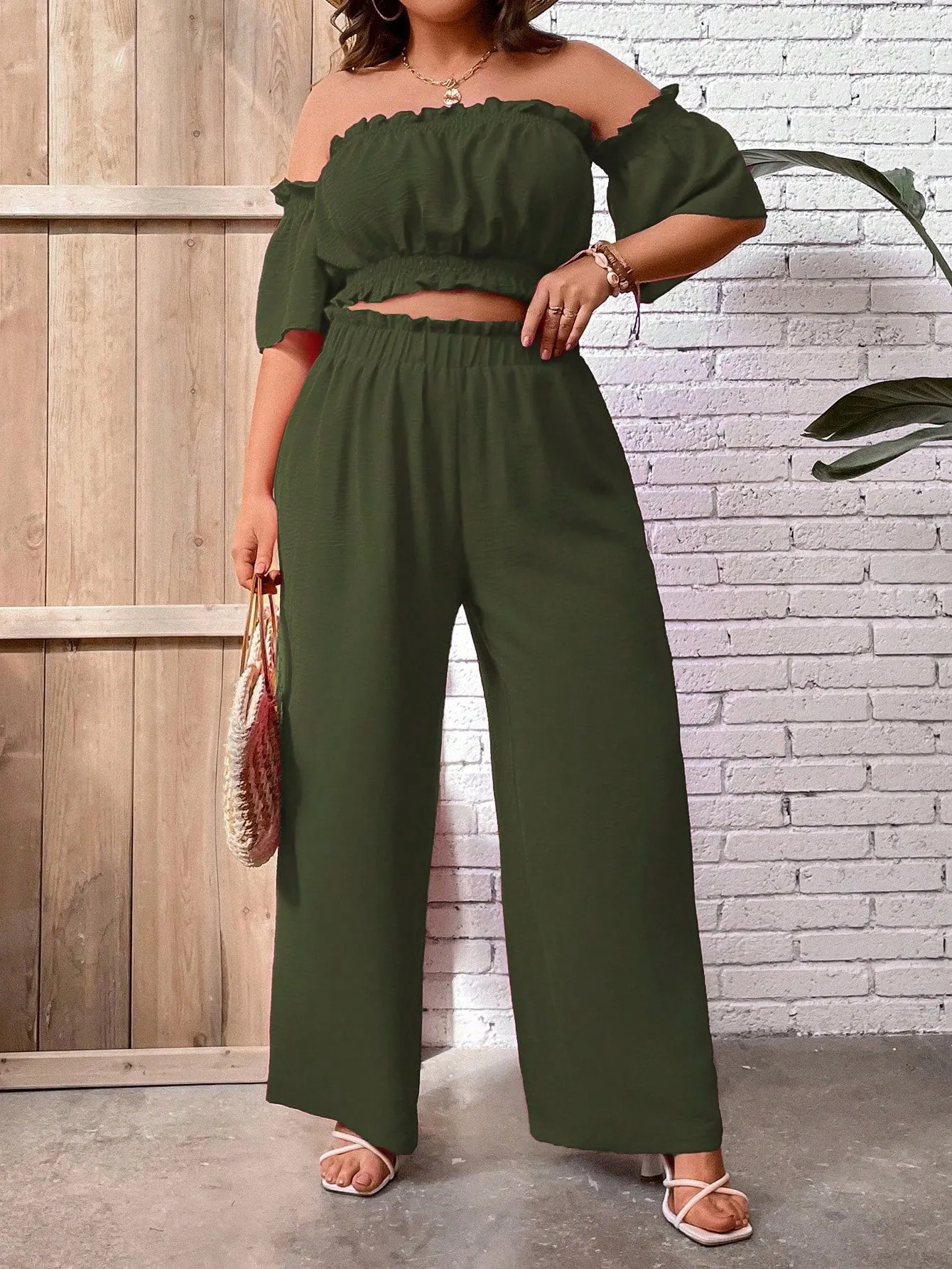 Plus Size Summer Casual Holiday Top With Frill Trim And Off Shoulder Design, Matched With Wide Leg Pants