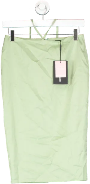PrettyLittleThing Green Satin Tie Waist Midi Skirt UK 4