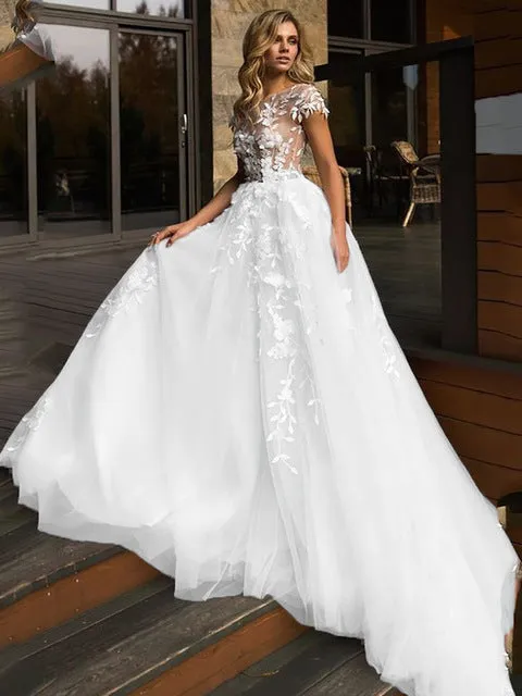 Princess Wedding Dress Cap Sleeve 3D Flowers Boho Bride Backless Bodice  Floor Length Sweep Train
