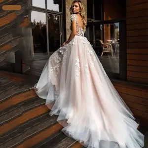 Princess Wedding Dress Cap Sleeve 3D Flowers Boho Bride Backless Bodice  Floor Length Sweep Train