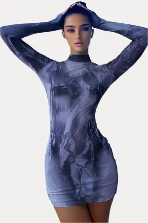 Printed slim round neck hip dress