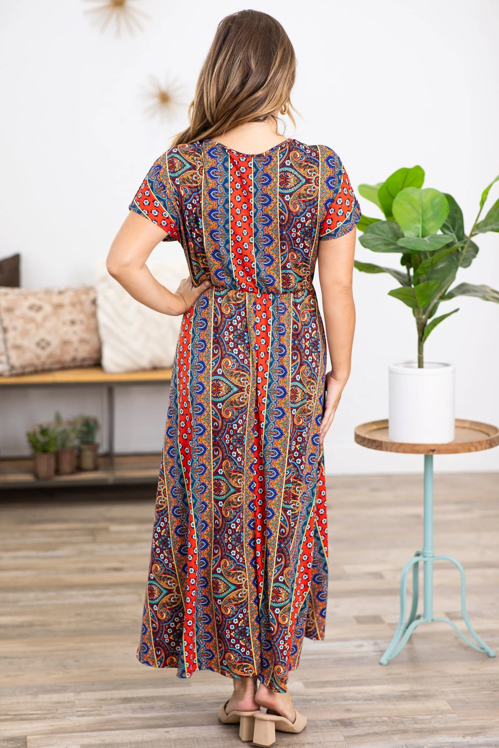 Red and Orange Boho Print Maxi Dress