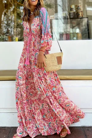 Red Boho Floral Paisley Print Tassel Tie V Neck Maxi Dress