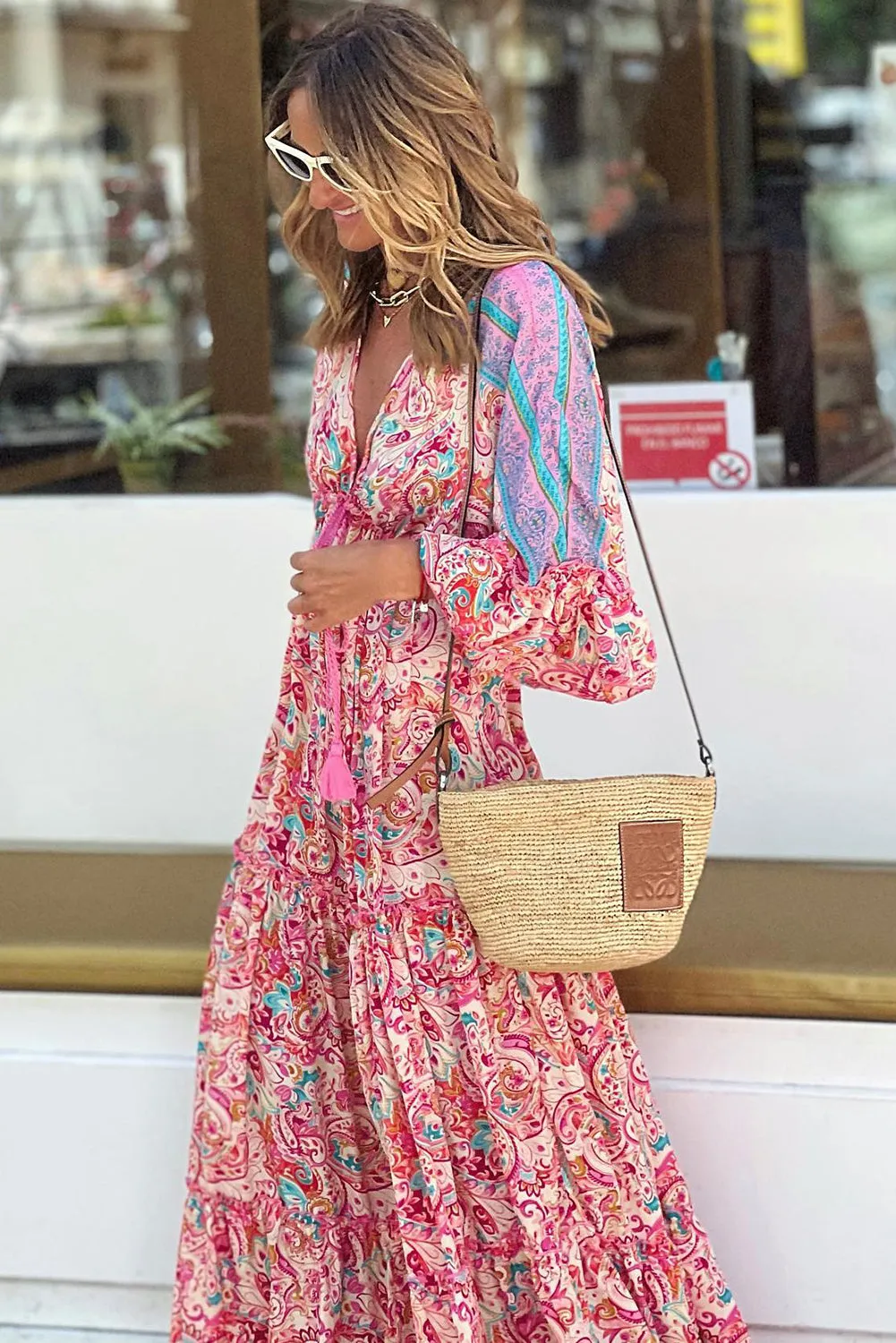 Red Boho Floral Paisley Print Tassel Tie V Neck Maxi Dress
