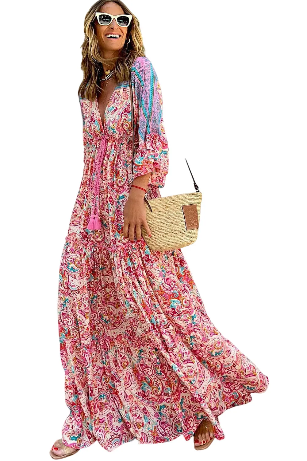 Red Boho Floral Paisley Print Tassel Tie V Neck Maxi Dress