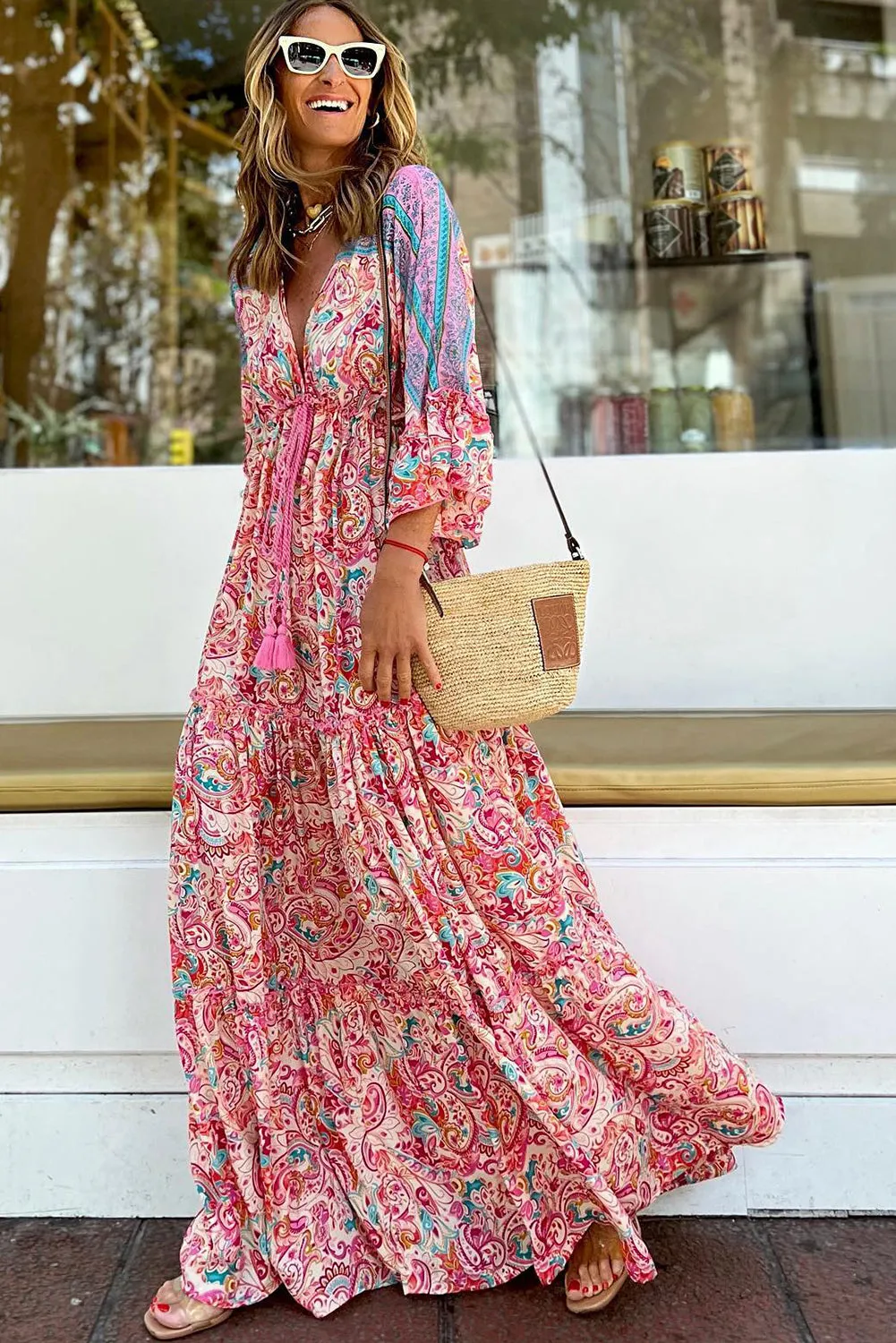 Red Boho Floral Paisley Print Tassel Tie V Neck Maxi Dress
