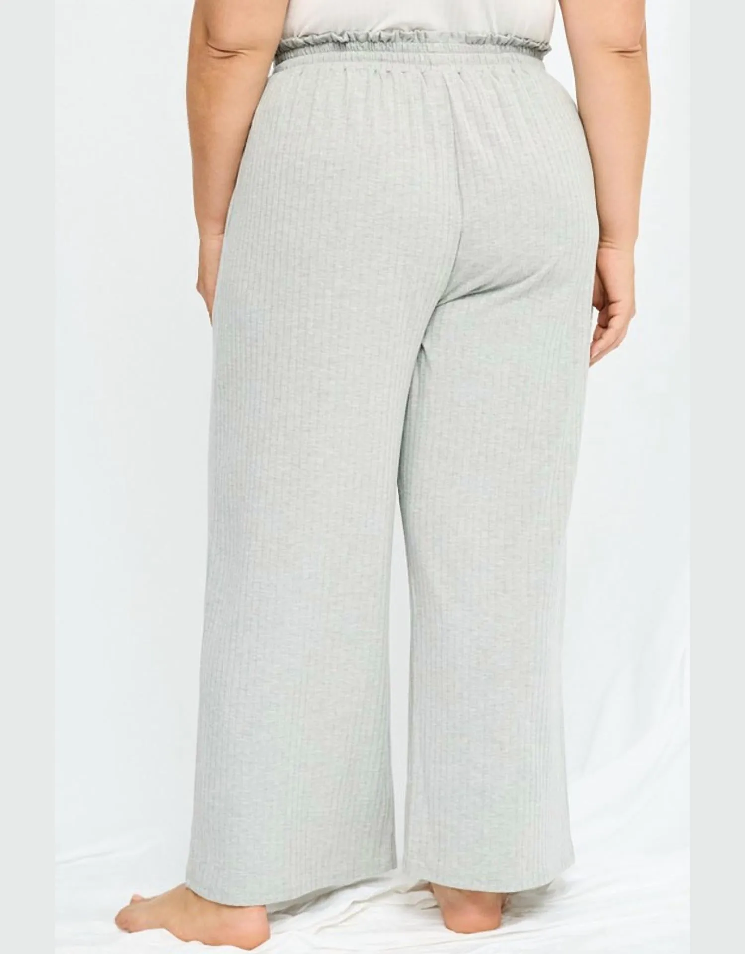 Ribbed Paperbag Wide Leg Pants In Grey