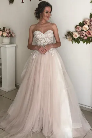 Romantic Tulle Lace A-Line Sweetheart Boho Wedding Dresses, Bridal Gown, MW700