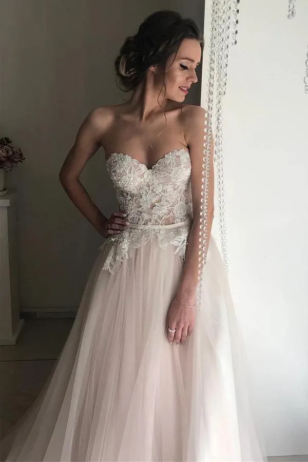 Romantic Tulle Lace A-Line Sweetheart Boho Wedding Dresses, Bridal Gown, MW700