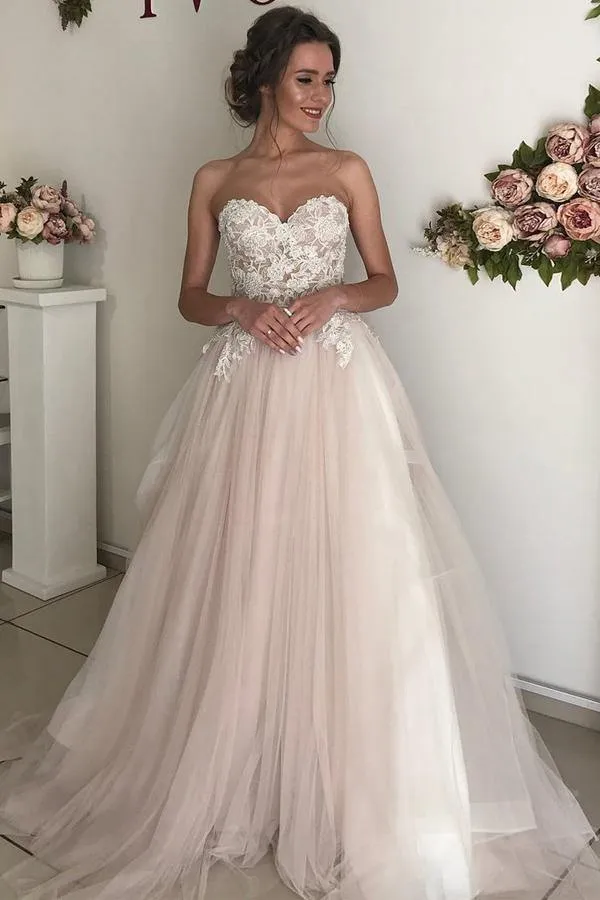Romantic Tulle Lace A-Line Sweetheart Boho Wedding Dresses, Bridal Gown, MW700