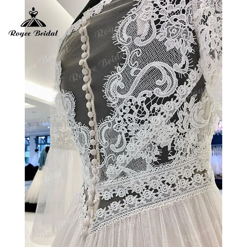 Roycebridal A Line Boho Wedding Dress V Neck Three Quarter Flare Sleeve Lace Bodice Illusion Soft Tulle 2025 Beach Vestidos De Fiesta Bridal