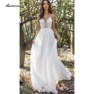 Roycebridal Back Open V Neck Lace Chiffon Wedding Dresses