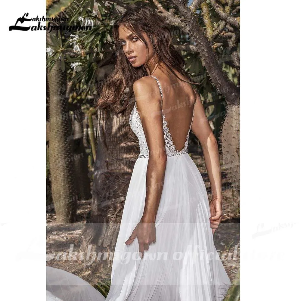 Roycebridal Back Open V Neck Lace Chiffon Wedding Dresses
